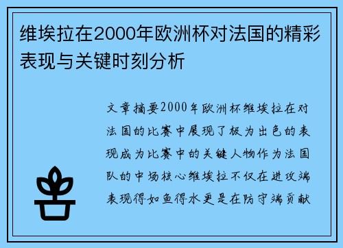 维埃拉在2000年欧洲杯对法国的精彩表现与关键时刻分析